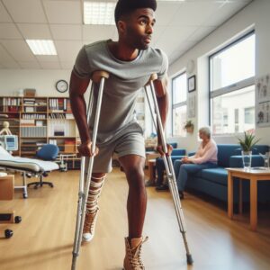 orthopaedic care - patient taking assisted steps, using crutches