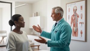 shoulder surgery - consulting with an orthopaedic surgeon in a modern consulting room