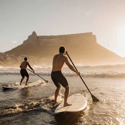 shoulder injuries - stand up paddlers paddling out at sunrise