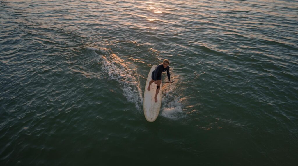 Shoulder, Knee or Hip Surgery - aerial drone shot of paddler on a longboard after knee surgery, sunrise pastel
