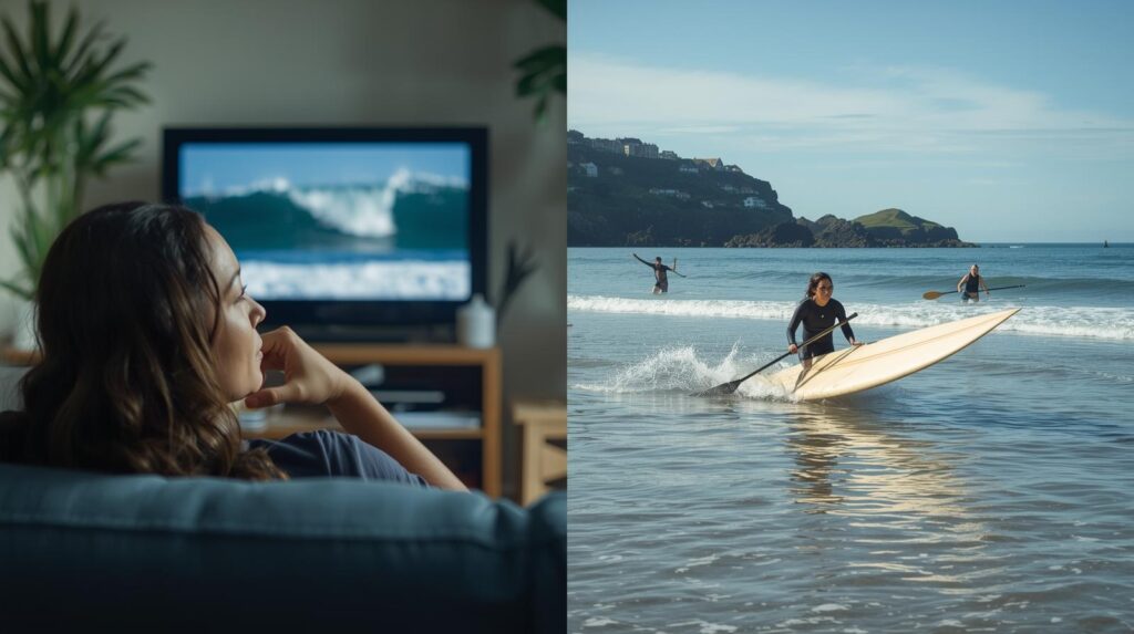 Shoulder, Knee or Hip Surgery - split-screen of surfer lying on couch depressed watching waves on TV, and same surfer later paddling out