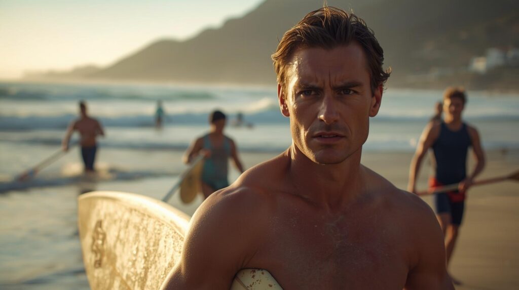 joint instability orthopaedic care - fit Capetonian grimacing as shoulder subtly shifts while carrying a surfboard