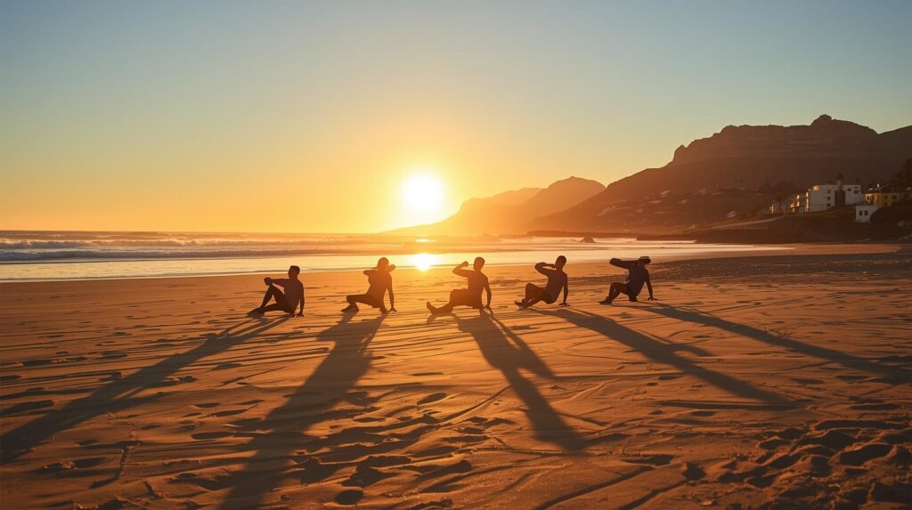 joint instability orthopaedic care - instability self-tests for knee and hip performed on a beach at sunset