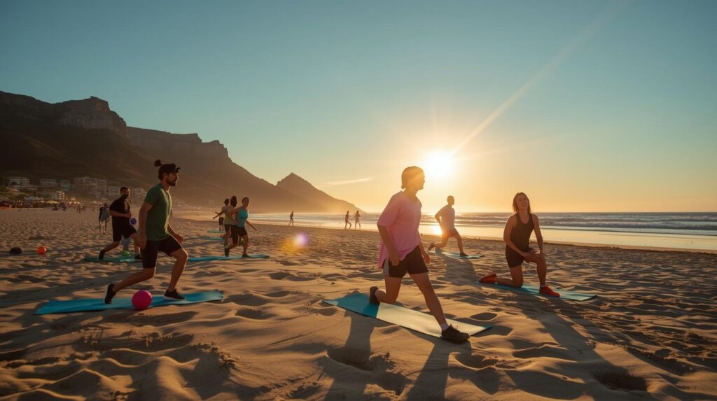 joint instability orthopaedic care - locals doing shoulder, knee and hip stability exercises on beach
