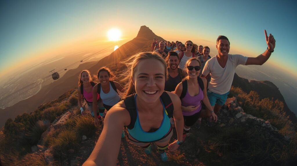 joint instability orthopaedic care - smiling patients with subtle knee braces and shoulder taping hiking up the mountain