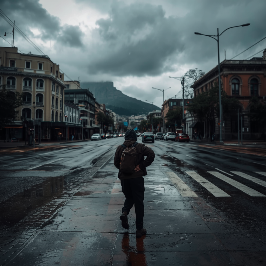 hip specialist - person struggling to walk on a rainy street holding their hip