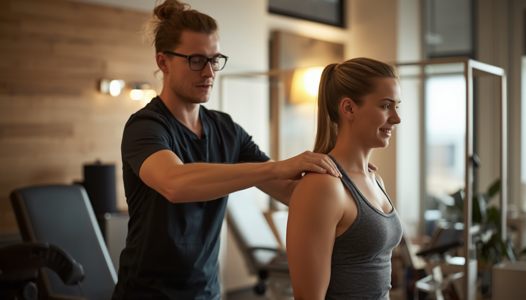 shoulder specialist - physiotherapist guiding a patient through shoulder rehabilitation exercises
