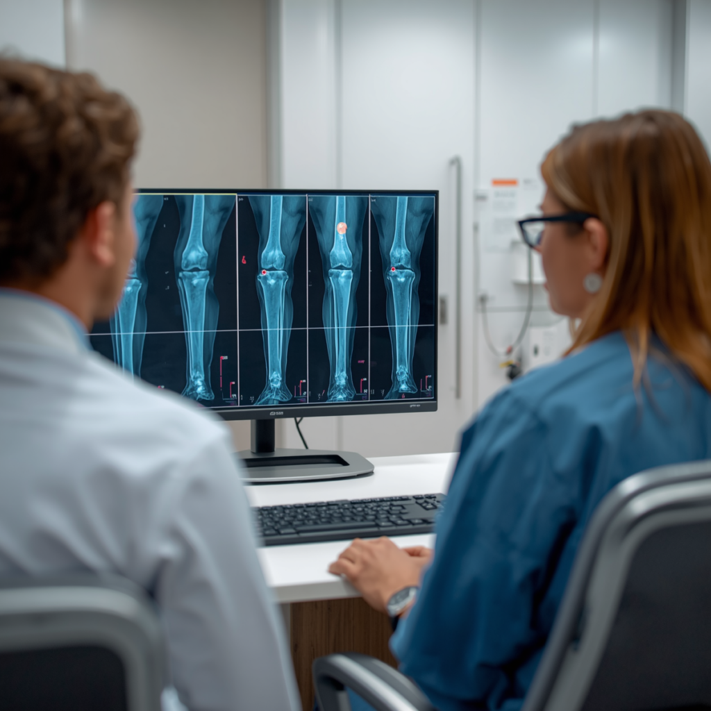 knee specialist consulting with a patient reviewing knee scans