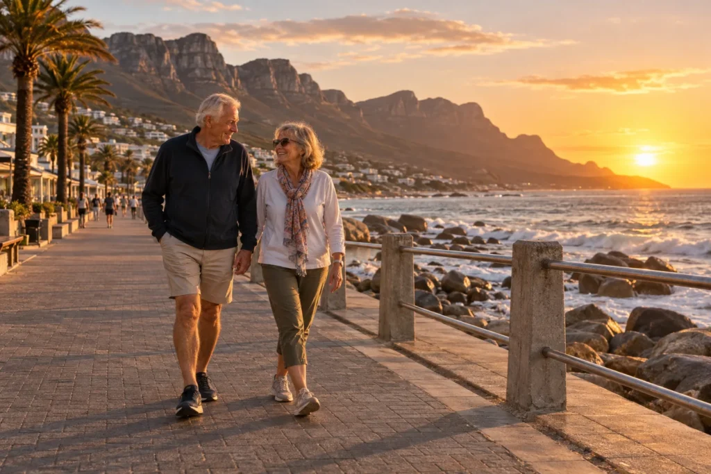 Couple walking along Camps Bay promenade at sunset, one favouring a hip, AI-generated illustration