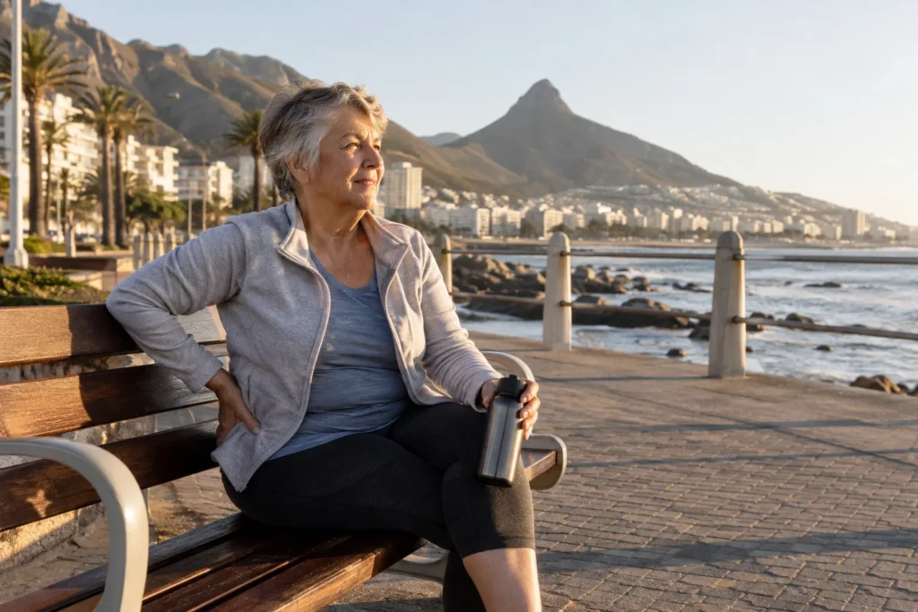 Hip Pain Limiting Cape Town Walks: Time for Hip Surgery? 10 AI-generated illustration of an older adult with hip pain resting on a Sea Point promenade bench