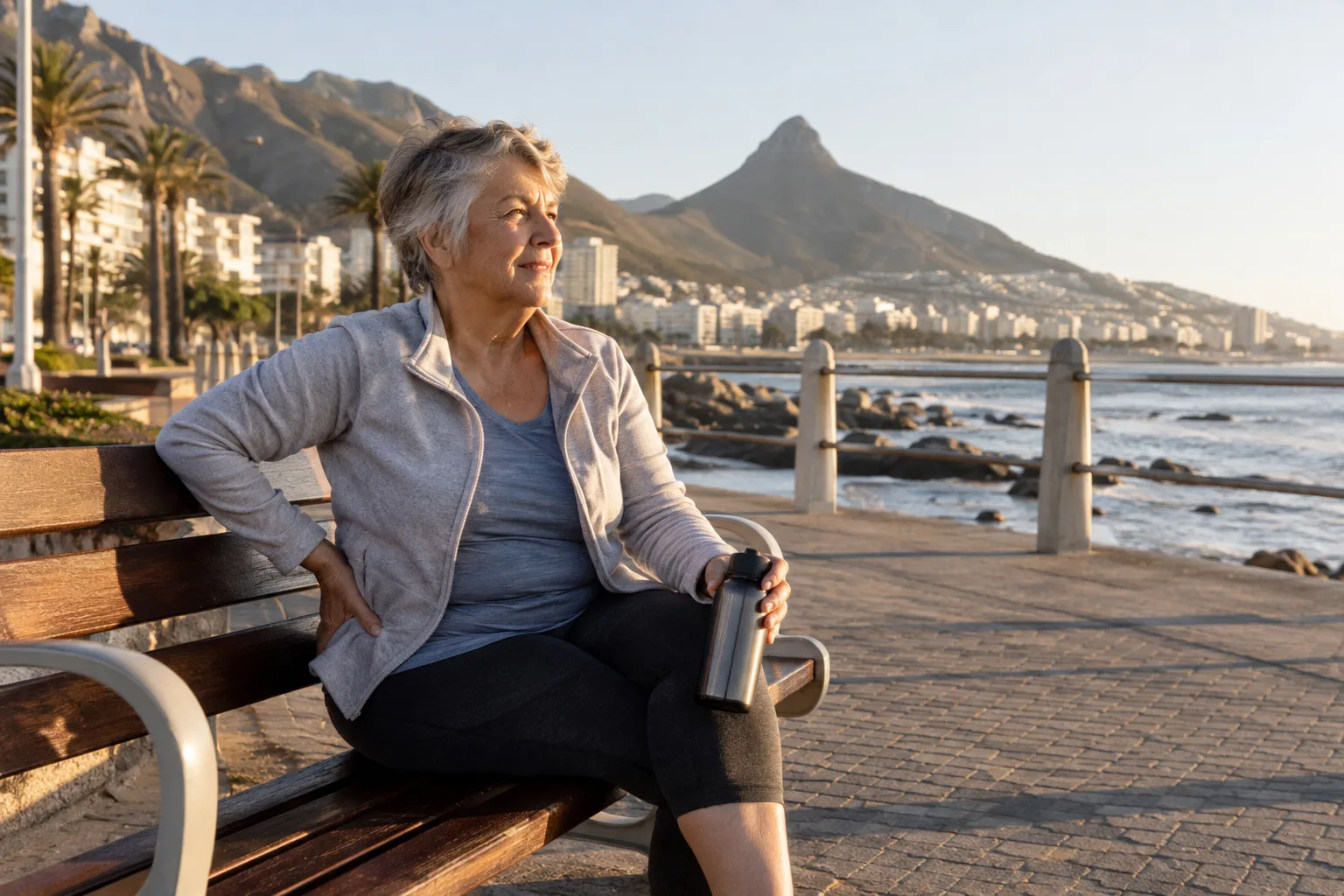 AI-generated illustration of an older adult with hip pain resting on a Sea Point promenade bench