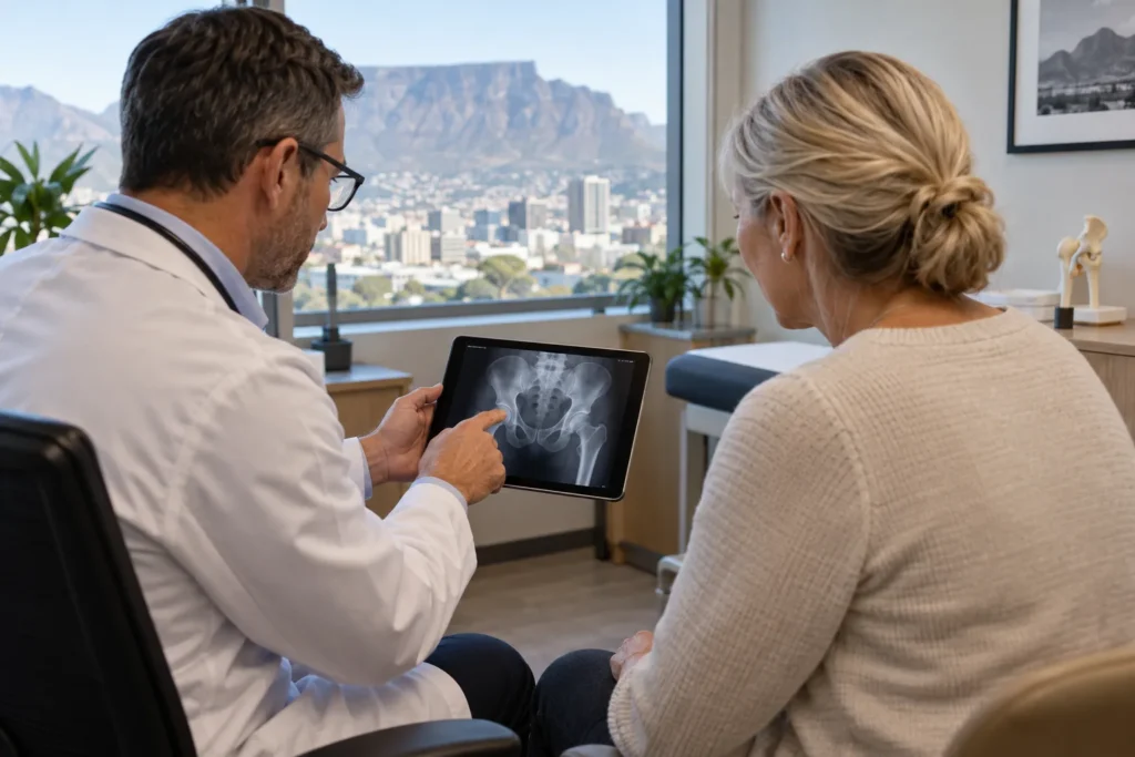 Specialist and patient reviewing a hip X-ray on a tablet, AI-generated illustration