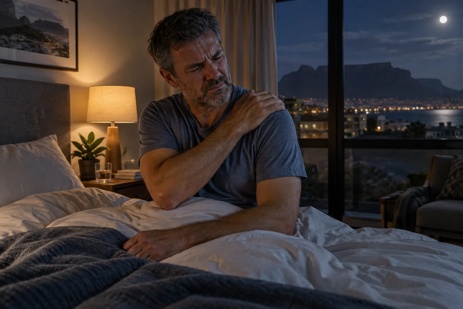 AI-generated illustration of a man awake in bed at night with shoulder pain, Cape Town bedroom
