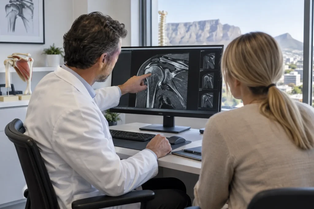 Doctor explaining a shoulder scan to a patient in a consulting room, AI-generated illustration