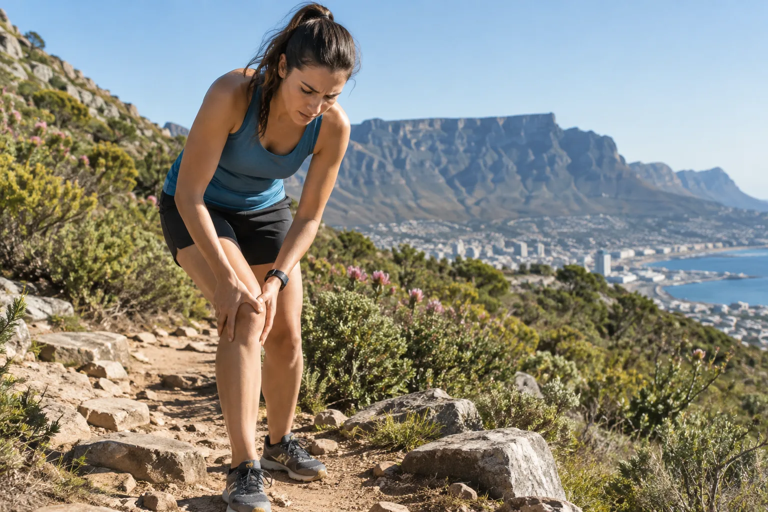 Hiker pausing on a Cape Town mountain trail holding her knee, an injury a knee specialist can assess, AI-generated illustration